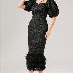 SHEIN Black floral jacquard Midi Dress with Puff Sleeves and feather trim